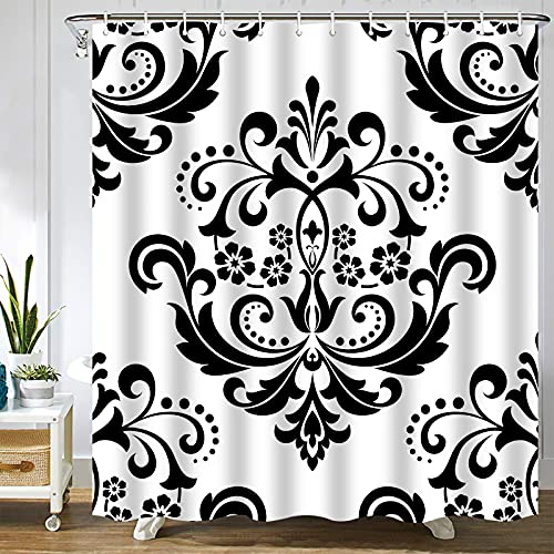 Abaysto Juego de cortinas de ducha barroco con diseño floral de damasco en blanco y negro con ganchos, tela de poliéster, gran regalo