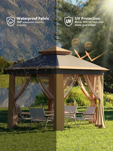 Garvee Pop Up Gazebo Screen Tent,Hexagonal Instant Gazebo Tent with Mosquito Netting Outdoor Canopy,6 Sided Sun Shelter 13x13ft with Mesh Netting,Pavilion Tents for Patio,Khaki+Beige
