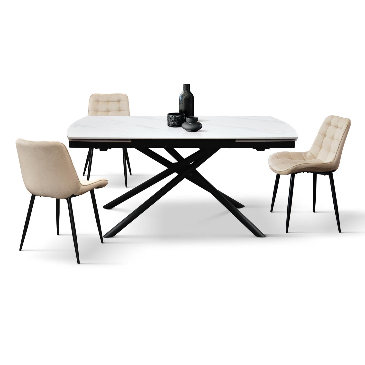 KONTE.DESIGN Tavolo BONIFACIO in ceramica bianco statuario e base in metallo verniciato nero, allungabile 160x90 cm - 240x90 cm