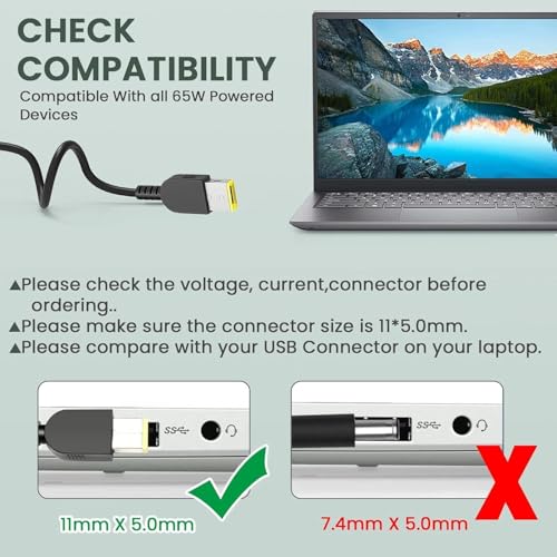 Image of WeFly 65w USB Pin /Tip Laptop Charger Compatible for Lenovo Ideapad g50-30 g50-45 g50-70 g50-80 g50 Thinkpad x250 e480 Yoga 2 s3 13 14 Flex 3 10 11 Carbon 3460 20v 3.25a