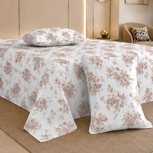 Image of Jaipur Weaves Cotton King Size Bedsheet 108x108 Super King, 100% Pure Cotton Bed Sheet with 2 Pillow Covers, 300 TC Soft Breathable Floral Design Bedding (Brown Meadows, Super King)