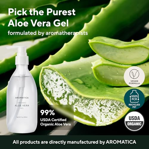 Image of AROMATICA Organic Aloe Vera Gel (2 packs), After Sun Care and Sunburn Relief with Pure Aloe Vera Gel Face&Hair, Sun Burn Moisturizer EWG Verified (10.14oz /300ml)
