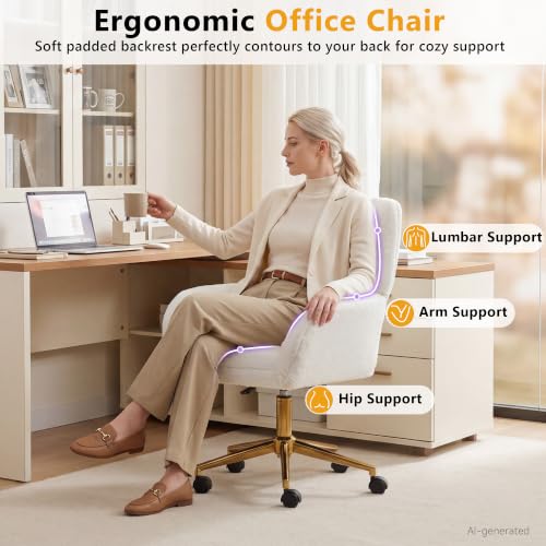 Image of FOXHUNTER Vanity Chair with Ergonomic Back & Wheels, 360 Swivel Accent Chair, Adjustable Height Home Office Chair for Living Room, Bedroom (Teddy,White)