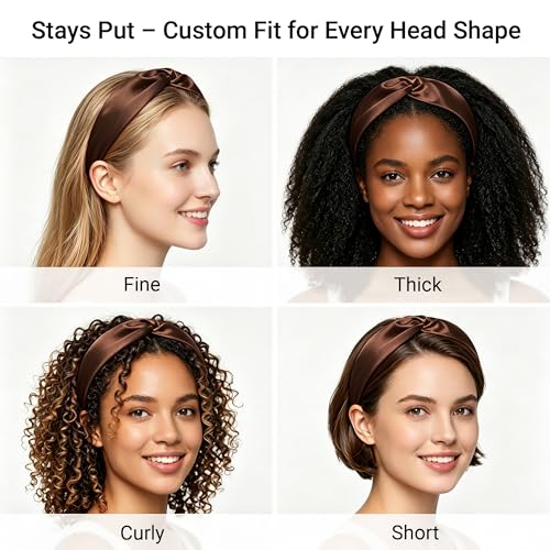 Image of ZLYC Mulberry Silk Headband for Women's Hair Elastic Hairband, Solid Coffee | smooth luxury real silk, stretch elastic no slip fit, makeup spa skincare use, travel daily wear,boho fashion hair accessory