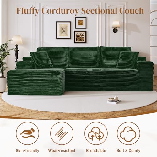 Image of 108 inch L Shaped Boneless Sectional Couches for Living Room, Comfy Corduroy Floor Cloud Sofa with Chaise, Wide Armrest, Deep Seat, Memory Foam, Assembly Free, Ideal for Small Spaces, Green
