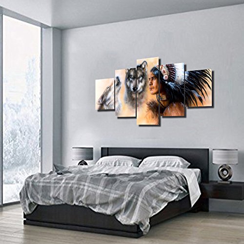 African American Paintings 5 Panel Canvas Wall Art Indian Warrior Accompanied With Wolves Pictures Home Decor For Living Room,Artwork Framed Stretched Ready To Hang Posters And Prints(60''Wx32''H) #TOP3