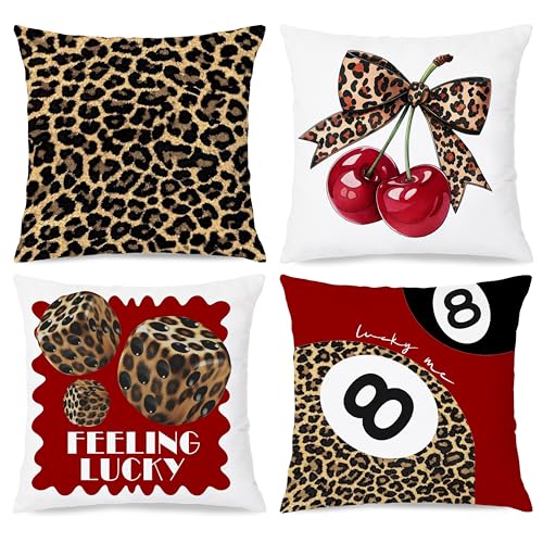 Nipil Trendy Leopard Cheetah Bow Cherry Pillow Covers 18x18 Set of 4 Red Preppy Cheetah Leopard Print Dice Lucky 8 Ball Room Decorative Throw Pillow Covers for Girls Bedroom Dorm Apartment