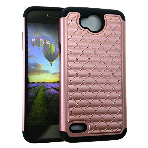 LG Xpower 2 Case, (Hybrid E01 2 in 1 Case) Quilted Rhinestone Rose Gold Snap Black Skin