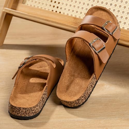 Men’s Cork Footbed Sandals: Arch Support - Adjustable Double Buckle Slip-On Comfort Slides for Casual Summer Wear Beach4