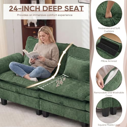 Image of IPKIG 117 inch Modular Cloud Couch with Storage, C Shaped Sectional Sofa | 3 Seater Green Chenille Deep Seat Sectional Couches with Ottoman and Pillow for Living Room, Apartment