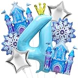 7Pcs 4th Birthday Party Decorations Balloons,Winter Snowflake Balloons Large Blue 40 Inch Number 4 Balloon Foil Star Castle Ballon for Birthday Party Favor Decor Supplies Winter Wonderland Decoration