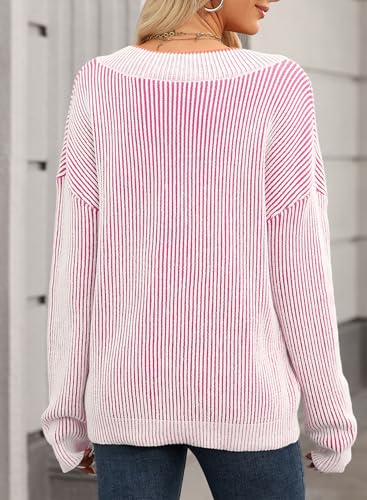 Image of EVALESS Sweater for Women 2024 Fall Trendy V Neck Long Sleeve Pullover Sweaters Loose Casual Color Block Ribbed Knit Tops