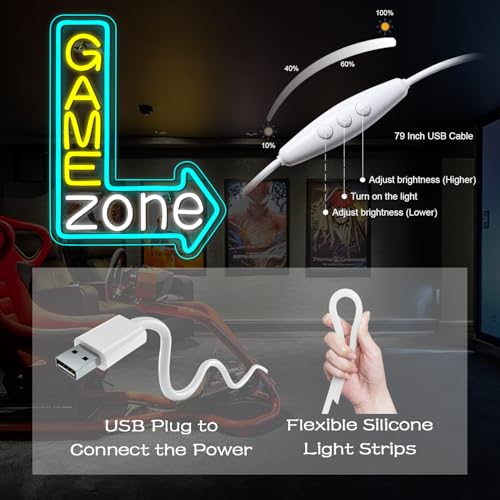 Looklight Game Zone Neon Sign Dimmable Gamer Neon Signs Colorful Gaming Led Signs for Game Room USB Arrow Neon Gaming Signs for Boys Room Teen Room - Image 4