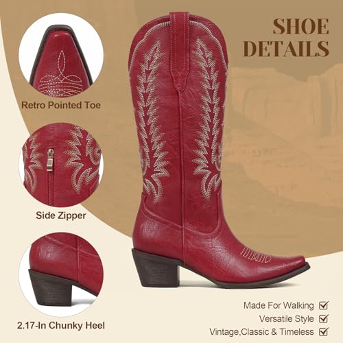 Image of Tscoyuki Cowboy Boots for Women: Embroidered Western Knee High Boots Women - Pointed Toe Chunky Heel Cowgirl Tall Boots
