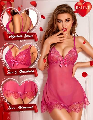 Image of RSLOVE Women Sexy Lingerie Set 3 Piece Babydoll & Lace Kimono Robe Strap Chemise Sleepwear Mesh Nightgown