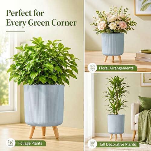 Image of Eightiz Store Modern Dusty Blue Flower Pot with Plastic Legs | Indoor Outdoor Planter for Home Garden Balcony Decor Ribbed Design Sturdy Plastic Mid-Century Style (Dusty Blue, Pack of 2)