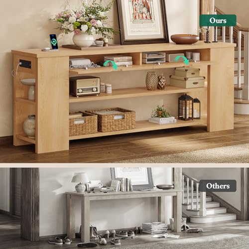 Image of 71.8 Inch Extra Long Console Table with Drawers, Farmhouse Long Console Table with Shelves & Built-in Outlets, Entryway Table with Storage for Living Room, Entryway, Hallway, Natural