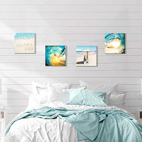 Seashell Beach Pictures Canvas Wall Art For Bathroom Light Blue Wave & Surfboard under the Parasol Canvas Painting Print for Bathroom (12'' x 12'' x 4 Panels) - Image 4