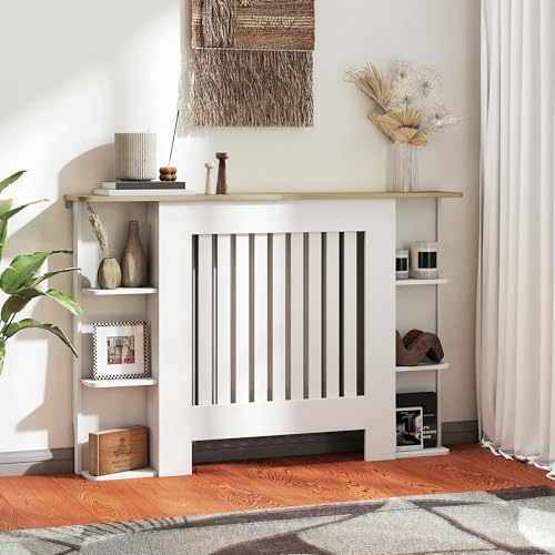 HOMCOM Cubre Radiadores con Estantes, Cubreradiador de MDF, Cubierta para Radiador, Diseño Moderno de Listones, para Salón, Dormitorio, 124x19x83 cm, Blanco