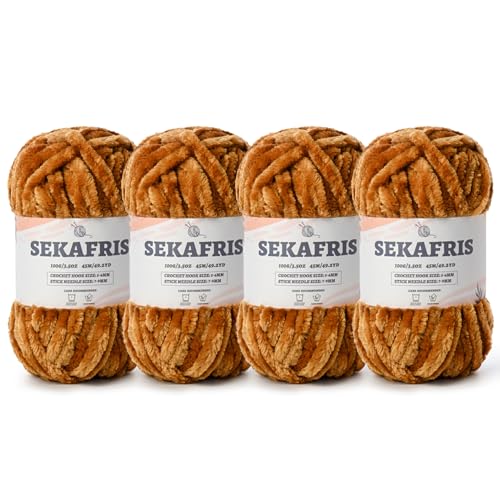 Image of Chenille Velvet Soft Yarn Brown 4 Pack