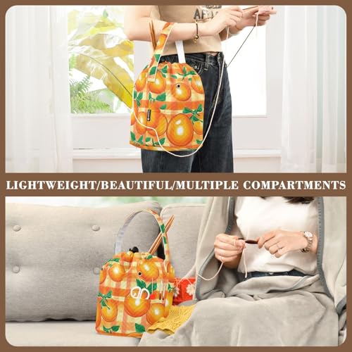 Image of Tatenale Crochet Bag Yarn Bag Knitting Project Bag with Pockets and Handle Portable Yarn Storage Organizer Tangle Free 8.3x11 InchCartoon Orange Plaid37