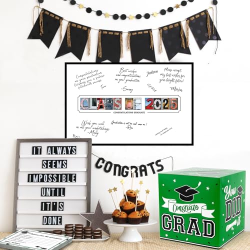 Image of DAZONGE Graduation Decorations Class of 2025 Green - 1 Graduation Card Box with 30 Graduation Advice Cards and 1 Guestbook Signature Board for Graduation Party Decorations Party Favors