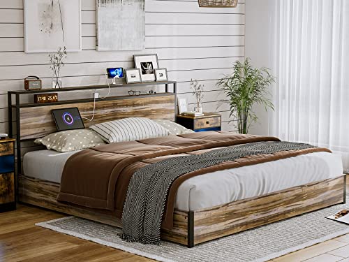 Ikifly King Size Lift Up Storage Bed - Metal King Platform Bed Frame With 2-Tier Storage Shelf Headboard & Charging Station, Solid Wood Slats, No Box Spring Needed/Easy Assembly - Wood Brown #TOP3