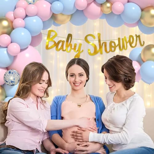 Image of Rozi Decoration Baby Shower Net Curtain with Fairy Lights Backdrop for Baby Shower Decoration Items Set of 85 Pcs Baby Shower Pastel Balloons Decoration Kit