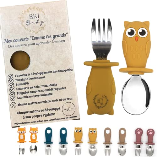Ensemble de Couverts pour Bébé +10 Mois – Fourchette et Cuillère Ergonomique – Protection Anti-Étouffement –Acier Inoxydable et Silicone Alimentaire – Repas de Bébé Apprentissage-Couvert Hiboux Mignon