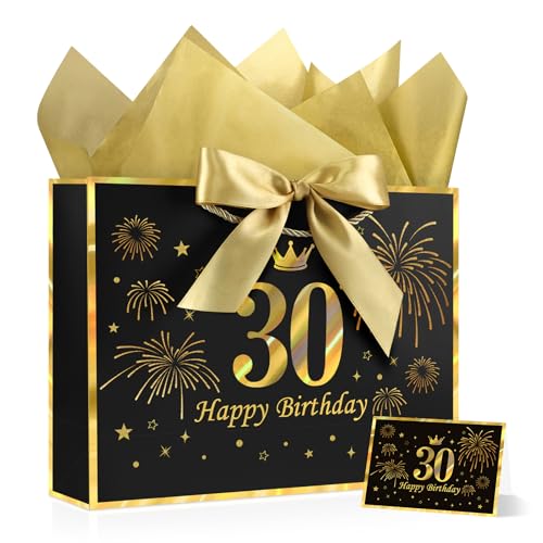 Image of JMANNI Black Gold 30th Birthday Gift Bag with Card and Tissue Paper, 12.6 inchx9.84 inchx3.9 inch Elegant Present Bag for Adults, 30 Year Old Birthday Keepsake Party Supplies