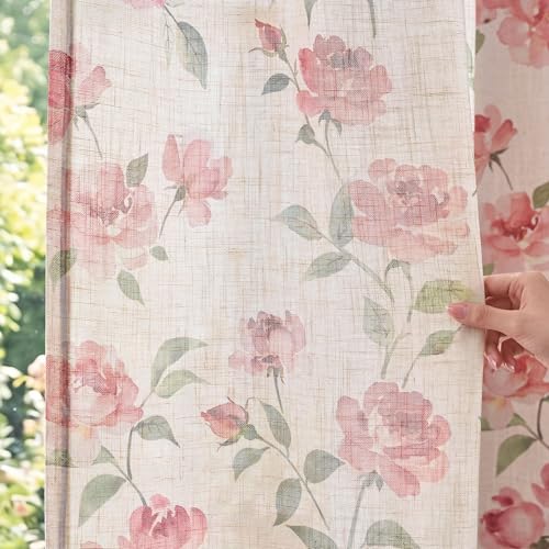 Image of jinchan Pink Floral Linen Curtains 96 Inch Cottagecore Back Tab 2 Panels | Light filtering drapes, semi sheer, farmhouse, watercolor, romantic, living room, bedroom, rod pocket, window treatment