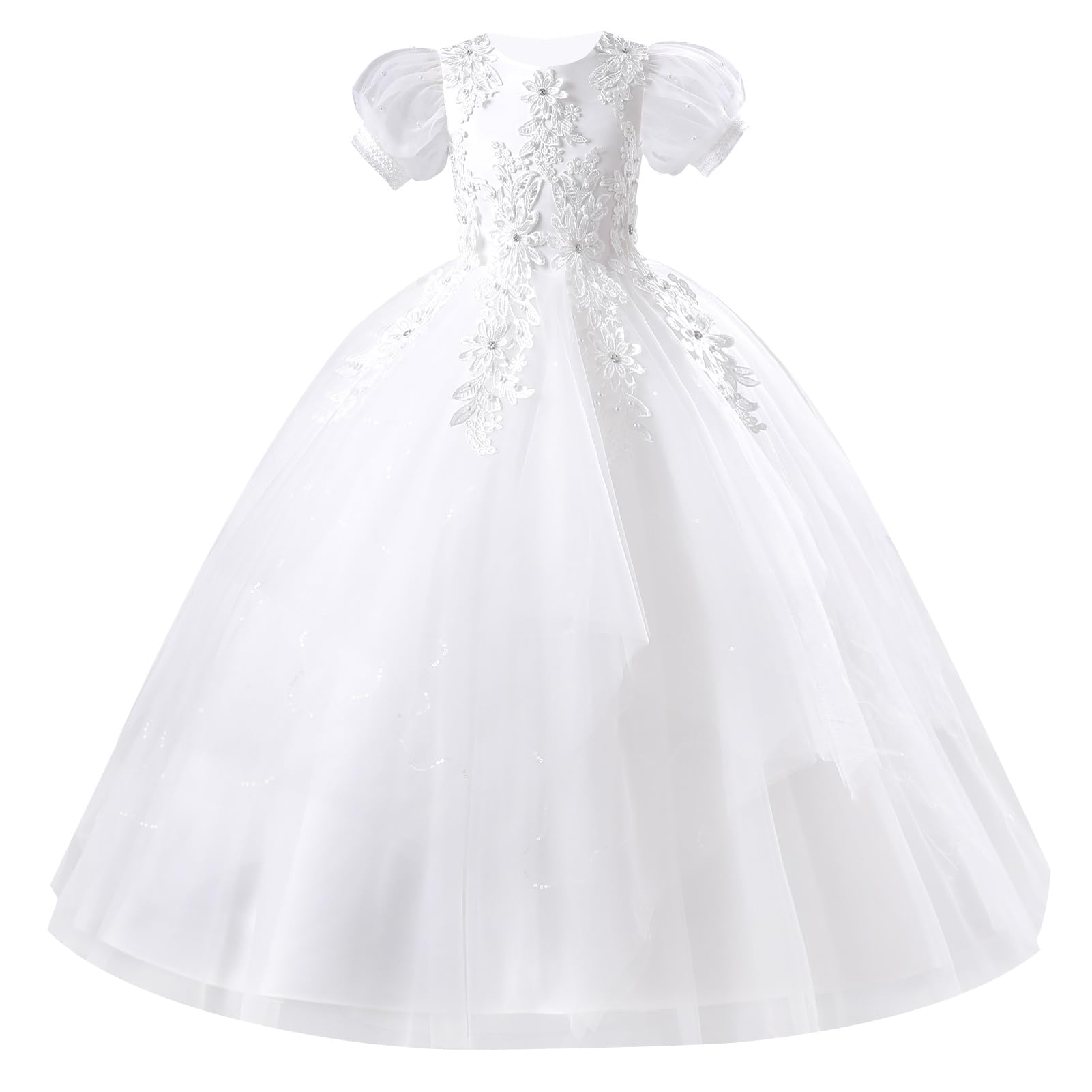 EFOGEP Blumenmädchen Kleid Floral Bestickt Kurze Ärmel Tüll Tutu Prinzessin Kleider Kind Mädchen Hochzeit Brautjungfer Geburtstag Erstkommunion Festzug Maxi Ballkleid 5-11 Jahre