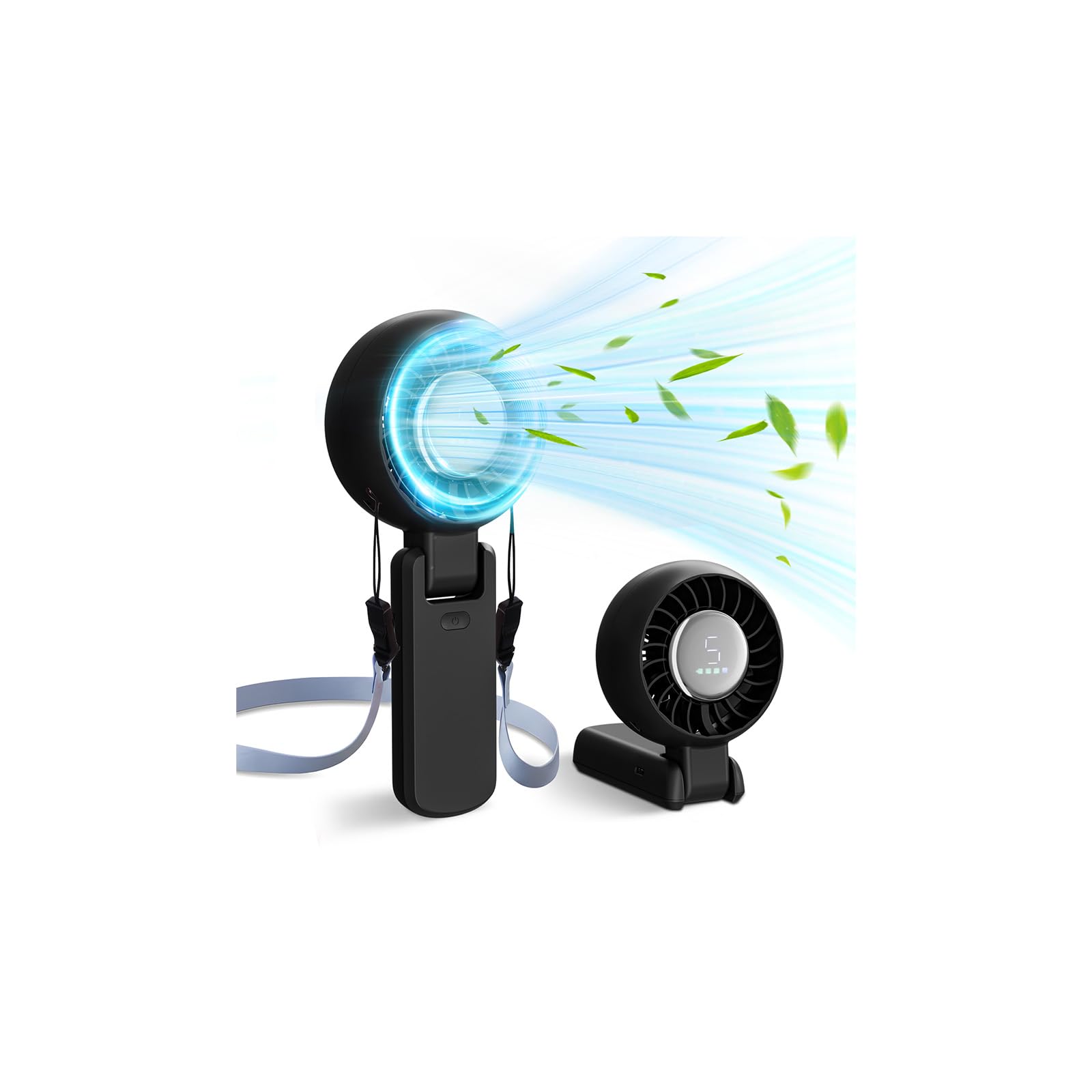 ZOZOO Ventilateur portable, rechargeable par USB, pliable à 194°, 5 vitesses, écran LED et moteur haute puissance, ventilateur de table 3 en 1 silencieux et solide pour voyage, camping, plage (noir)