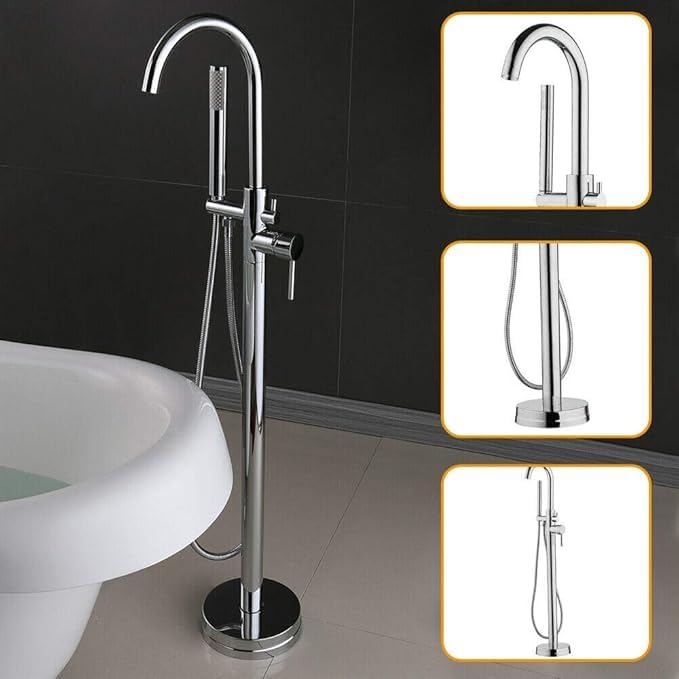 Grifo independiente, grifo de bañera independiente, de pie, ducha de mano con ducha de mano, para individuos, apartamentos y hoteles, plateado
