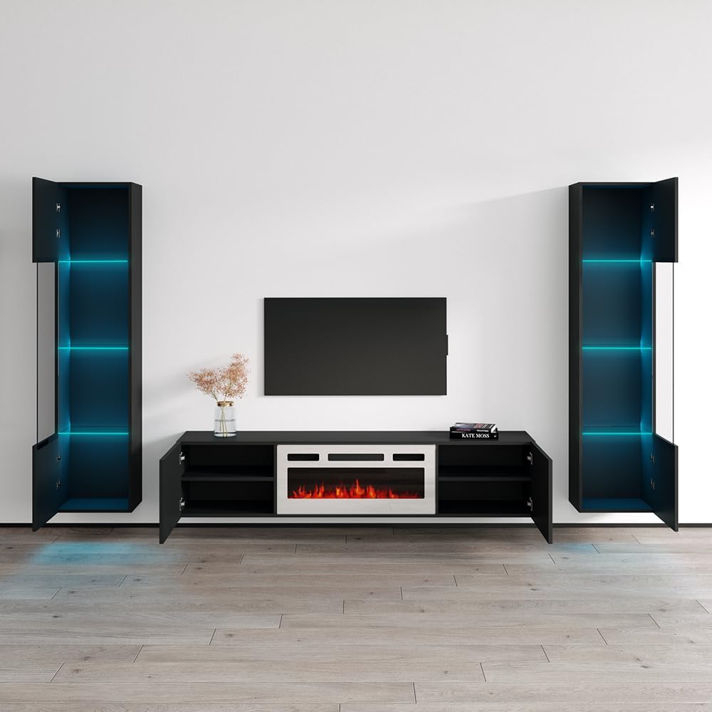 Meble Furniture Cali WH-EF 40'' Electric Fireplace TV Stand — Floating Entertainment Center with Multicolor Flame Options — Modern Storage Console, 40 x 15 x 24 in — Black