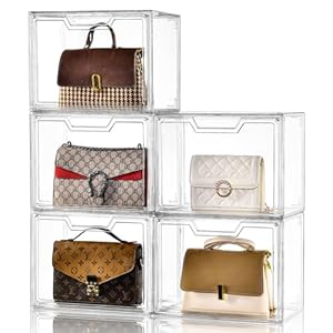 Purse Organizer for Closet,Clear Acrylic Display Case for Handbag Organizer, Purse Storage Box with Magnetic Door, Plastic Storage Bins for Book, Collectibles, Cosmetic (5 Pack)