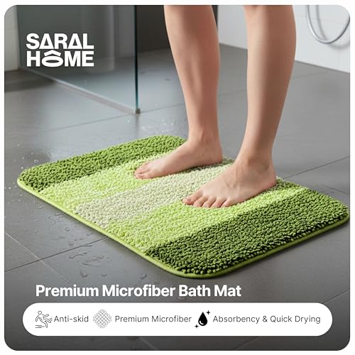 Image of Saral Home Microfiber Striped Anti-Skid Bath Mats,35x50cm Pack of 2(Green)