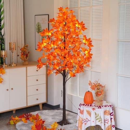 QIAOKAIYAN 5FT Artificial Lighted Maple Tree with 96 LED & 192 Ultra-Dense Maple Leaves - Fall Decorations Maple Tree with Warm White Light for Home Thanksgiving Autumn Harvest Decor Indoor Outdoor