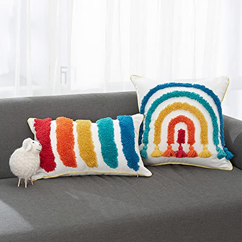 Rainbow Lumbar Small Decorative Throw Pillow Cover Boho Colorful Tufted Kids Pillow Cover 12 X 20 Inch For Playroom Nursery Teepee Reading Nook Couch, Rectangular Pillow Case Fun Cute Rainbow Shape #TOP5
