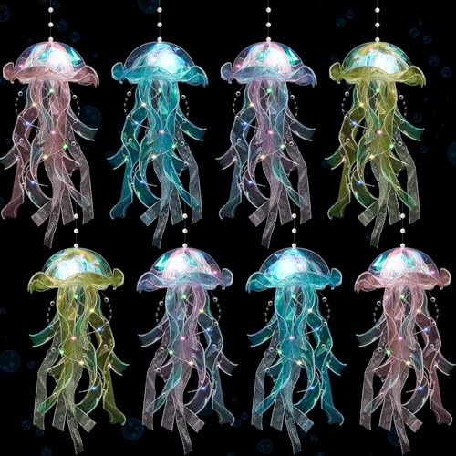 Rossesay 8 Pcs Colorful Jelly Fish Light Lamp Hanging Jellyfish Decorations LED Jellyfish Lantern for Birthday Under Sea Mermaid Wedding Baby Shower Ocean Theme Ceiling Bedroom Decor