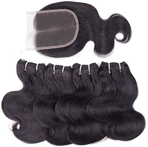 10A Body Wave Human Hair Bundles with Closure (50g/pc 10 10 10 10+8 Closure) Unprocessed Virgin Brazilian Hair Body Wave 4 Bundles with Closure Short Hair Bundles with Middle Part Lace Closure