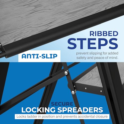 Escada dobrável em 3 degraus, decorativa – Linda madeira cinza e alumínio preto, perfil ultrafino, d