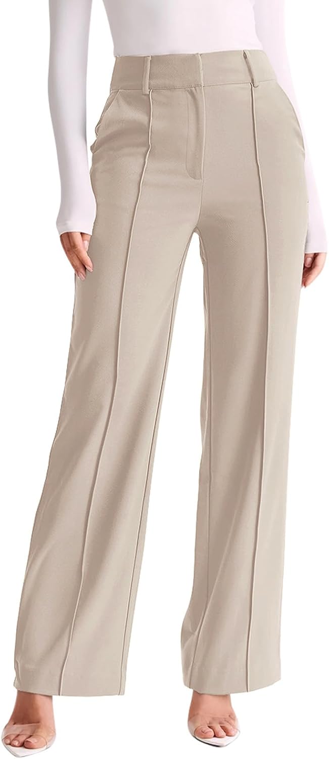 NIMIN Trousers Pants for Women Wide Leg Dressy Work Pants High Waisted Business Casual Outfits 2025 Summer Fashion Office Formal Slacks with Pockets Apricot - Image 6