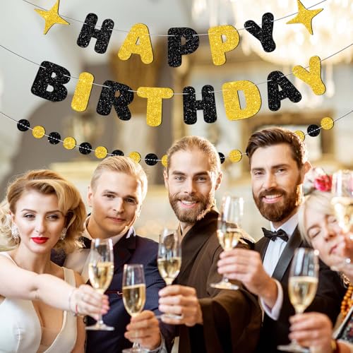 Image of Black and Gold Happy Birthday Banner-Happy Birthday Decorations for Men Women Boys Girls Glitter Garland Birthday Sign for 30st 40st 50th 60st Party Decor, Backdrop Supplies