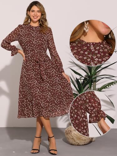 Image of Allegra K Fall Casual Floral Dress for Women 2025 Long Sleeve Crew Neck Chiffon Midi Tea Party Ruffle Dresses