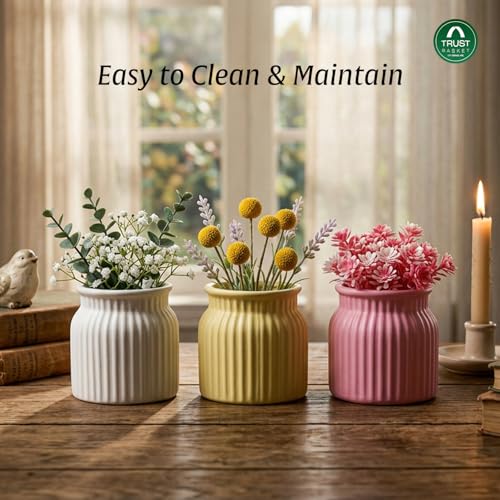 Image of TrustBasket Sereno Flower Vase Set of 3 - White Yellow Pink Plastic Vase for Home Decor, Table Top Vase for Living Room, Flower Vase for Dining Table Decoration, Modern Minimalist Decorative Vases