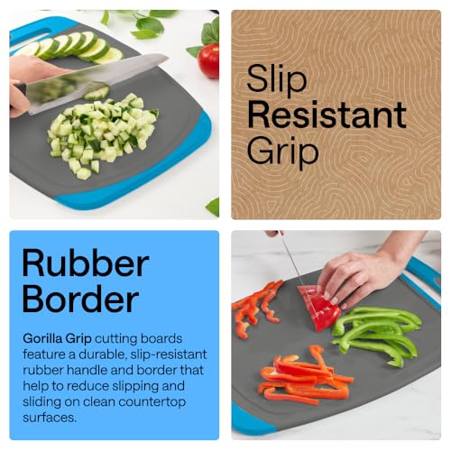 Image of GORILLA GRIP BPA-Free Reversible Kitchen Cutting Board Set of 3, US Designed, Nonporous, Juice Grooves Catch Liquid, Slip Resistant Border, Dishwasher Safe, Durable Food Chopping Boards, Gray Aqua