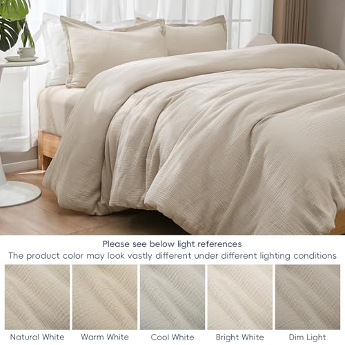 Image of David's Home Cotton Muslin Comforter Set, Queen Size Ultra‑Soft Breathable Summer Bedding, 3Pcs Lightweight 100% Cotton Cover with Polyester Fill, 1 Linen‑Like Comforter & 2 Pillow Shams, Natural
