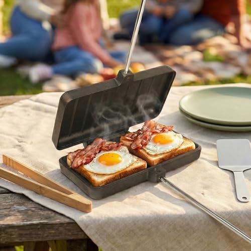 Image of Campfire Pie Iron 8.6 inch Large Cast Iron Sandwich Maker for Camping with Storage Bag - 21.7 inch Adjustable Handles - Campfire Cooking Equipment for Grilling & Outdoor Cooking
