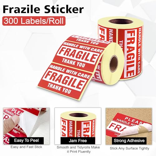 Image of GLUN Fragile Stickers Roll 60x40 mm, Paper Care Warning Stickers 300 Labels, Strong Adhesive Red Fragile Labels with for Shipping Packing of Goods and Moving